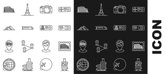 Poster - Set line Suitcase for travel and stickers, Postal stamp Coliseum, Travel ticket, Photo camera, Train, Egypt pyramids, Rome, Italy and Cruise traveling by ship icon. Vector