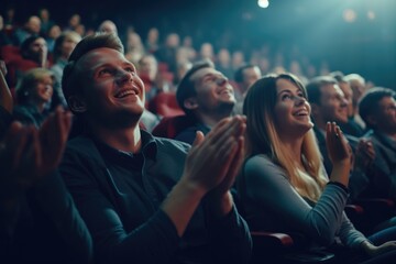 Poster - A group of people sitting together, enthusiastically clapping in front of a large crowd. Suitable for various events and gatherings.