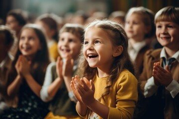 Poster - A joyful group of children clapping their hands and smiling. This image can be used to depict happiness, friendship, or celebration.