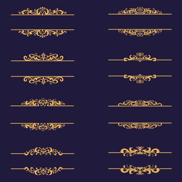Set of gold vintage elements, border , elegant ornaments swirls, calligraphic scrolls decorations retro design. Vector frames and invitations, typescript, title, label, greeting cards.
