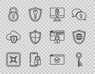 Sticker - Set line Safe, Key, Lock on computer monitor screen, Smartphone with closed padlock, Shield, Secure your site HTTPS, SSL and world globe icon. Vector