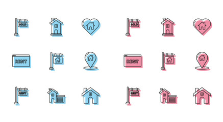 Sticker - Set line Hanging sign with text Rent, House, Sold, Sale, Map pointer house, Online and Home symbol icon. Vector