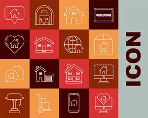 Sticker - Set line Monitor with house in heart shape, Computer monitor smart home, Cardboard box, House, Map pointer and Globe symbol icon. Vector