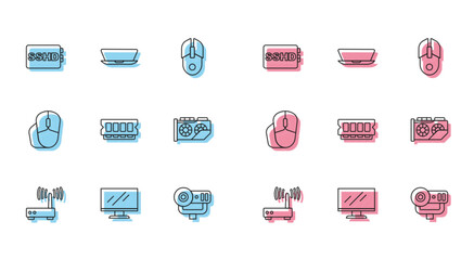 Poster - Set line Router and wi-fi signal, Computer monitor screen, SSHD card, Web camera, RAM, random access memory, Video graphic, mouse and Laptop icon. Vector