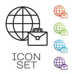 Poster - Black line Online working icon isolated on white background. Freelancer man working on laptop at his house. Remote work. Distant job concept. Set icons colorful. Vector