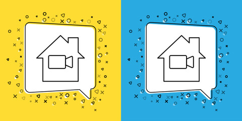 Sticker - Set line Video camera Off in home icon isolated on yellow and blue background. No video. Vector