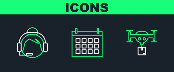 Poster - Set line Delivery drone with the package, Support operator in touch and Calendar icon. Vector