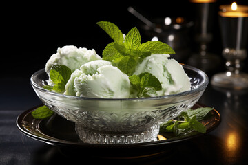 Sticker - a bowl of ice cream with mint leaves