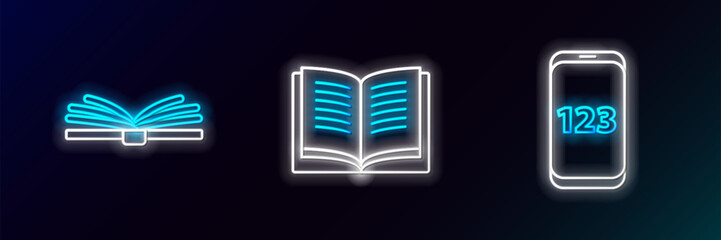 Poster - Set line Mobile calculator interface, Open book and icon. Glowing neon. Vector