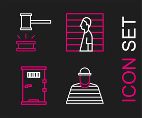 Sticker - Set line Prisoner, cell door, Suspect criminal and Judge gavel icon. Vector