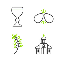 Poster - Set line Church building, Willow leaf, Easter eggs and Wine glass icon. Vector