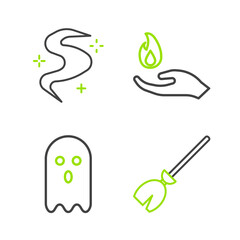 Wall Mural - Set line Witches broom, Ghost, Hand holding a fire and Magic fog or smoke icon. Vector
