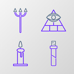 Sticker - Set line Bottle with love potion, Burning candle in candlestick, Masons and Neptune Trident icon. Vector