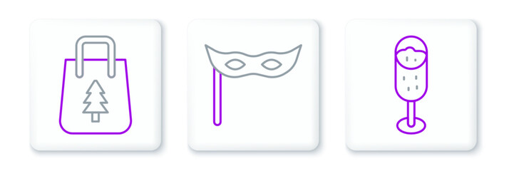 Sticker - Set line Glass of champagne, Christmas shopping bag and Festive mask icon. Vector