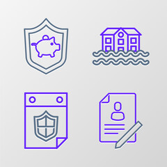 Canvas Print - Set line Document with shield, Calendar, House flood and Piggy bank icon. Vector