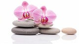Fototapeta  - Serenity Defined with Delicate Pink Orchid and Smooth Spa Stones on White