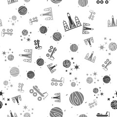 Poster - Set Rocket launch from the spaceport, Planet Venus, Space and planet and Mars rover on seamless pattern. Vector