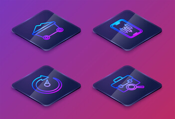 Poster - Set Isometric line Coal mine trolley, Digital speed meter, Mobile stock trading and Work search. Blue square button. Vector