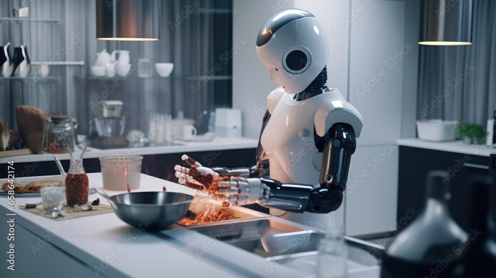 Robots Cooking Robot cooks the food in a modern kitchen. technologies in modern life ...