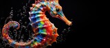 Fototapeta  - Painted colorful seahorse animal, they show off in beautiful colors. isolated black background. Pattern for t-shirt printing, Generative AI