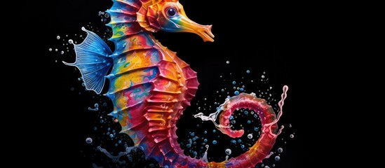 Wall Mural - Painted colorful seahorse animal, they show off in beautiful colors. isolated black background. Pattern for t-shirt printing, Generative AI