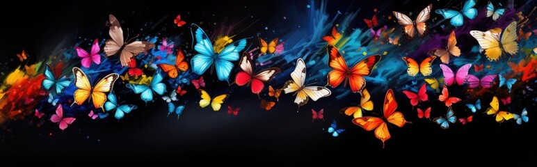 Wall Mural - Painted colorful butterflys animal, they show off in beautiful colors. isolated black background. Pattern for t-shirt printing, Generative AI