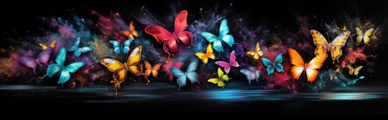 Wall Mural - Painted colorful butterflys animal, they show off in beautiful colors. isolated black background. Pattern for t-shirt printing, Generative AI