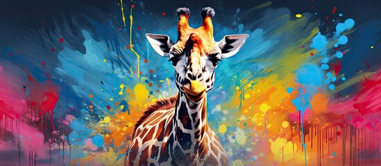 Wall Mural - Painted colorful giraffe animal, they show off in beautiful colors. isolated black background. Pattern for t-shirt printing, Generative AI