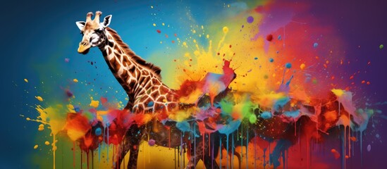 Wall Mural - Painted colorful giraffe animal, they show off in beautiful colors. isolated black background. Pattern for t-shirt printing, Generative AI