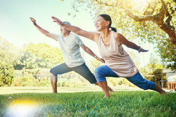 Sticker - Senior couple, outdoor and yoga for health, fitness and wellness in grass, healthy or happy. Retired, elderly and enjoying retirement with workout, stretching and backyard for body, man and woman