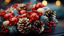 Hristmas Background With Red Baubles, Pine Cones And Bokeh. Beautiful Christmas Card.	