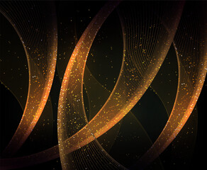 Wall Mural - Golden wavy background with sparkles and tinsel on a black background