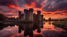 Medieval Stone Castle, Dusk Setting, Silhouetted Against A Fiery Sunset, Moat Reflecting The Sky, Dramatic Cloud Formations