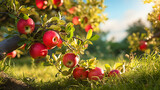 apples growing on the tree in orchard under the sun