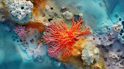 Wall Mural - Coral reef top - down view: A bird's eye perspective, featuring a rich tapestry of corals and marine life