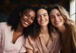 © Olha - Three female friends of different races happily smiling. Student friendship, Generative AI