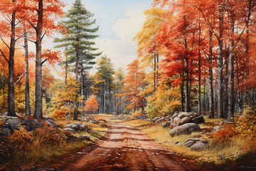 Poster - Watercolor Autumn Forest road