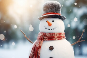 Poster - A close-up view of a snowman wearing a hat and scarf. This picture can be used to add a festive touch to winter-themed designs.