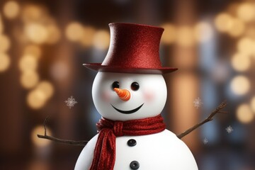 Poster - A close up view of a snowman wearing a hat and scarf. This image can be used for winter-themed designs and holiday projects.