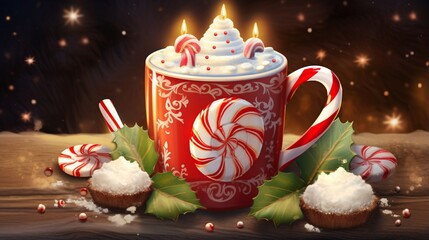 Wall Mural - A close-up of a steaming mug of hot cocoa topped with marshmallows and a candy cane.