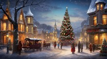 A Quaint Village Square Bustling With Holiday Shoppers And A Towering Christmas Tree.