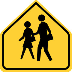 Wall Mural - Vector graphic of a USA old style School Zone Ahead mutcd highway sign. It consists of a child and an adult crossing the road in a yellow arrow shape