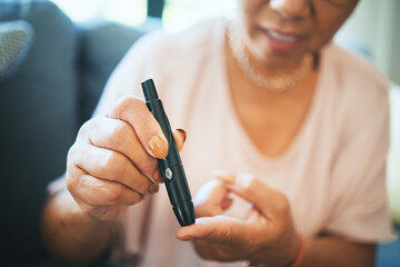 pen, hands and person does glucose test, check for diabetes with medicine and prescription healthcar