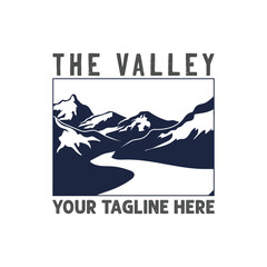 Wall Mural - Ice Mountain with Canyon Valley River Creek for Outdoor Adventure Logo Design