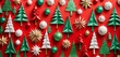 Paper mache christmas decoration on red background. Christmas trees and ornaments.
