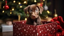 Cute Chocolate Labrador Puppy In Gift Box