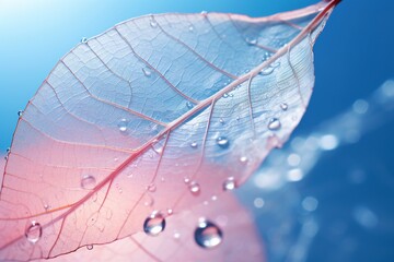  Captivating Macro Beauty: Transparent Skeleton Leaf and Glistening Water Drops on Blue and Pink Background