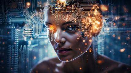 Wall Mural - Double exposure of futuristic woman face and circuit board