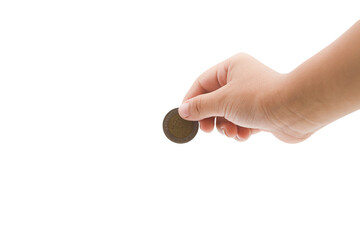 child hand holding a coin from the top isolated on white background, clipping path included. Copy space for your text