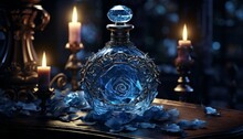 Fragrant Perfume In A Blue Bottle With Blue Rose Petals.